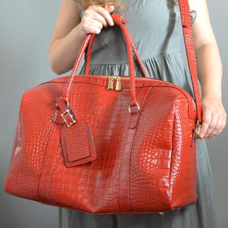 Borsa da viaggio in vera pelle rossa, borsone in pelle per donna, grande borsa da viaggio in pelle, borsa da weekend personalizzata