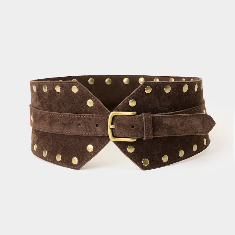 Cintura corsetto larga in pelle scamosciata, cuoio marrone scuro con borchie, fibbia color oro antico