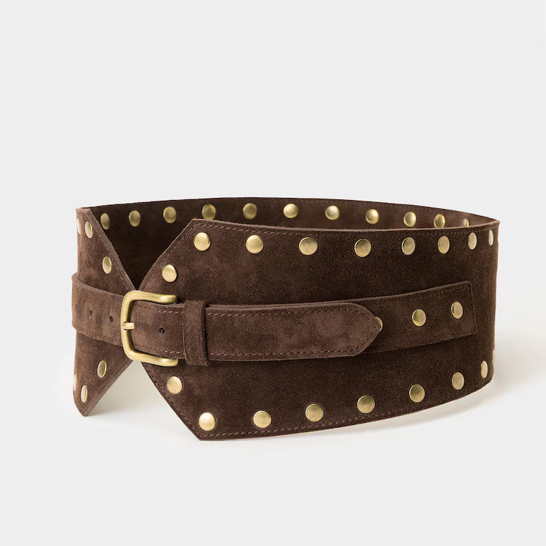 Cintura corsetto larga in pelle scamosciata, cuoio marrone scuro con borchie, fibbia color oro antico