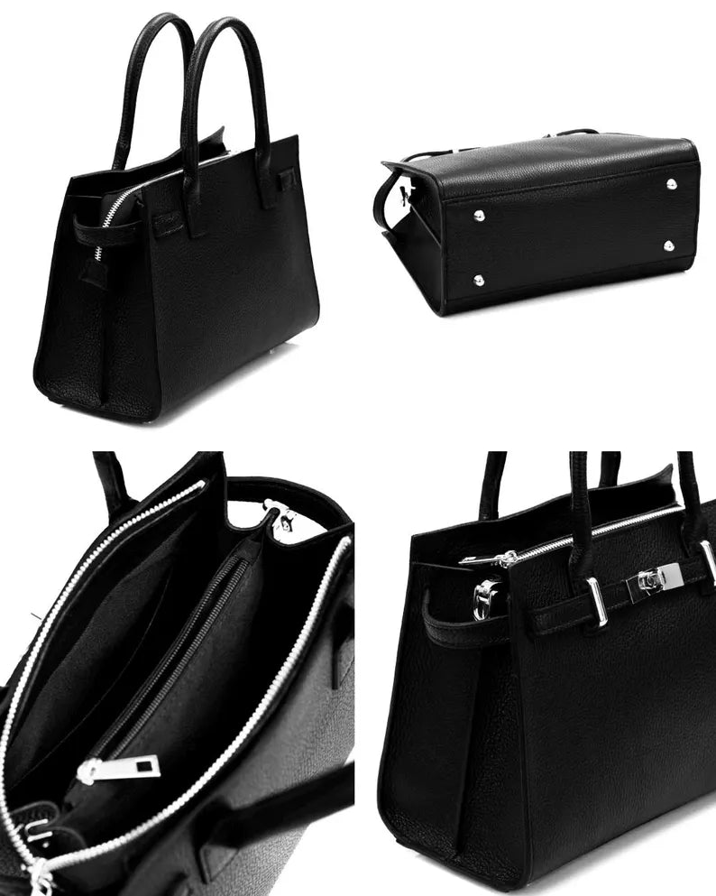 Borsa in Vera Pelle Togo fatta a mano, Genuine Togo Leather Bag – Made in Italy with Shoulder Strap and Gold Accessories