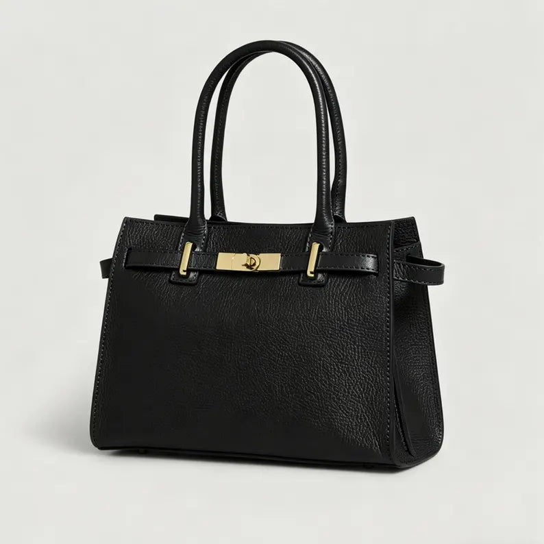 Borsa in Vera Pelle Togo fatta a mano, Genuine Togo Leather Bag – Made in Italy with Shoulder Strap and Gold Accessories