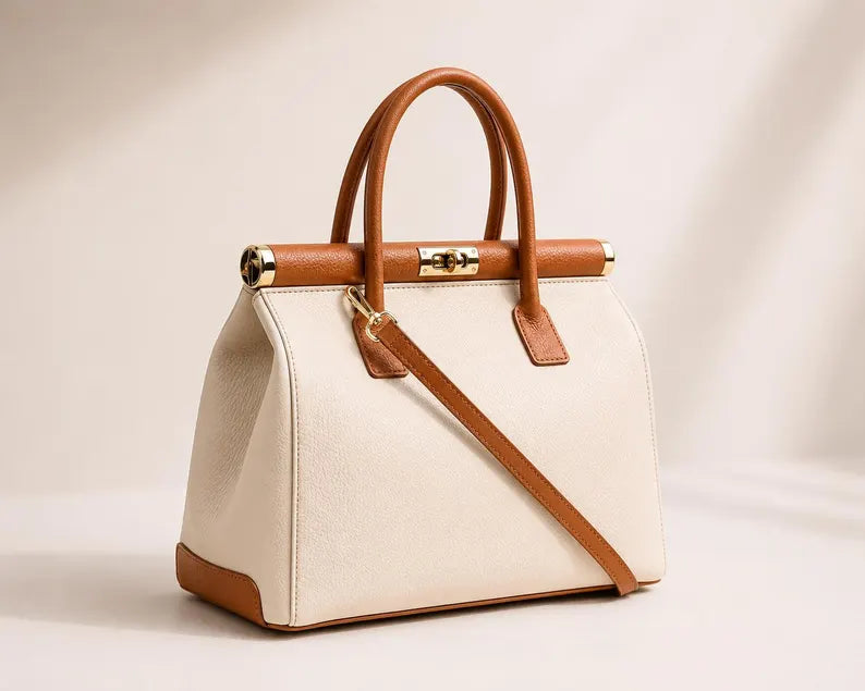 Borsa tote in pelle italiana color crema e cammello | Borsa strutturata da donna | Elegante borsetta con manico superiore
