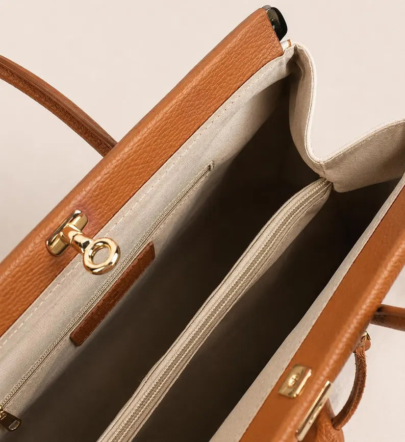 Borsa tote in pelle italiana color crema e cammello | Borsa strutturata da donna | Elegante borsetta con manico superiore