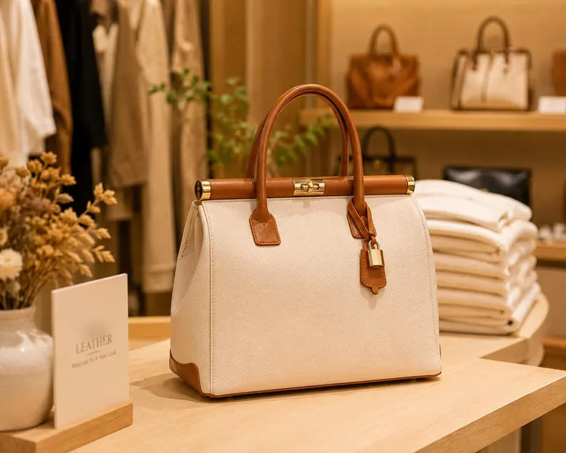 Borsa tote in pelle italiana color crema e cammello | Borsa strutturata da donna | Elegante borsetta con manico superiore
