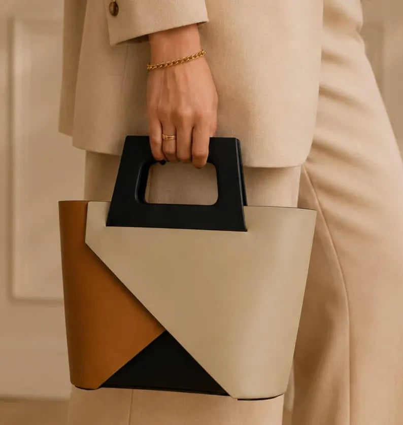 orsa a mano in pelle CARLA | Borsa geometrica in pelle italiana | Borsa tote color block | Made in Italy | Borsa di lusso