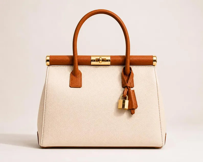 Borsa tote in pelle italiana color crema e cammello | Borsa strutturata da donna | Elegante borsetta con manico superiore